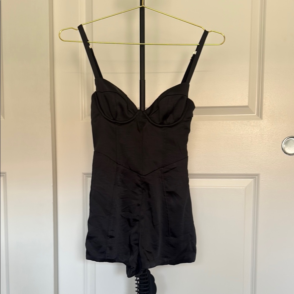 NWOT OHPOLLY SATIN BLACK ROMPER